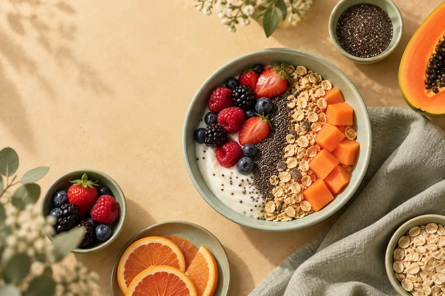 Café da manhã equilibrado com iogurte, frutas, aveia e sementes